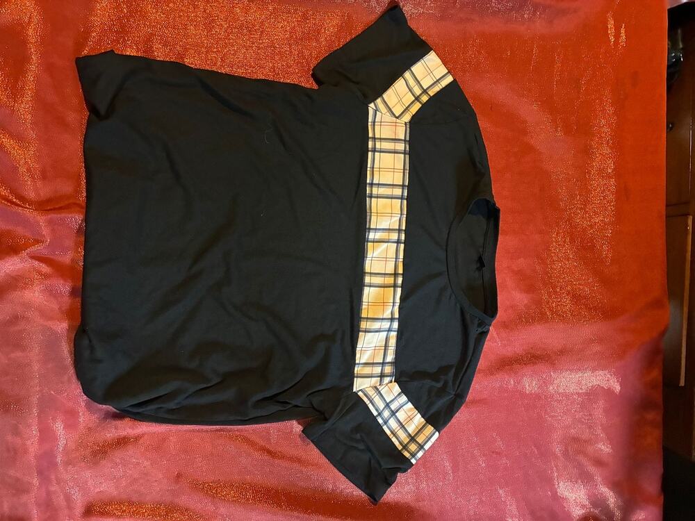 Plaid Accent T-Shirt Womens M Black Tan Short Sleeve Crew Neck Casual Tee Top